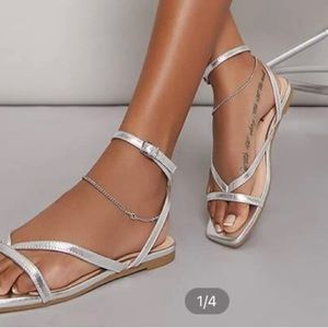 🤍New! Shein Silver Ankle Strap Flat Sandals